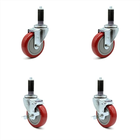 4 Inch Red Polyurethane Swivel 1 Inch Expanding Stem Caster Brake SCC, 2PK